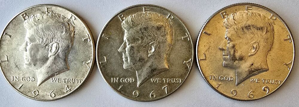 Silver Kennedy Half Dollar Lot - 1964 90% Silver & 1967, 1969-D 40% Silver Coins